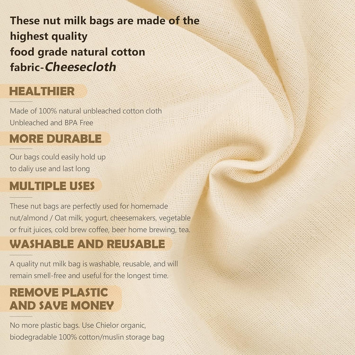 10 Pack Nut Milk Bag, 12‘’ x 14‘’ Fine Mesh Grade Reusable Cheesecloth Bags Strainers, Unbleached Organic Cotton Filter Bags for Almond Milk, Juices, ColdBrew, Cheese, Tea, Yogurt, Coffee