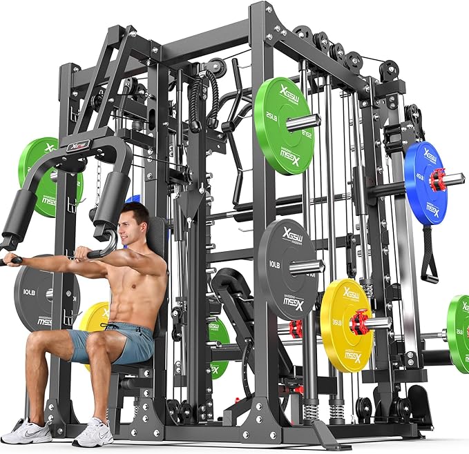 Smith Machine Power Rack Multifunctional Power Cage Deep Squat Rack Cable Crossover System Selectable More Training Attachment for Garage & Home Gym