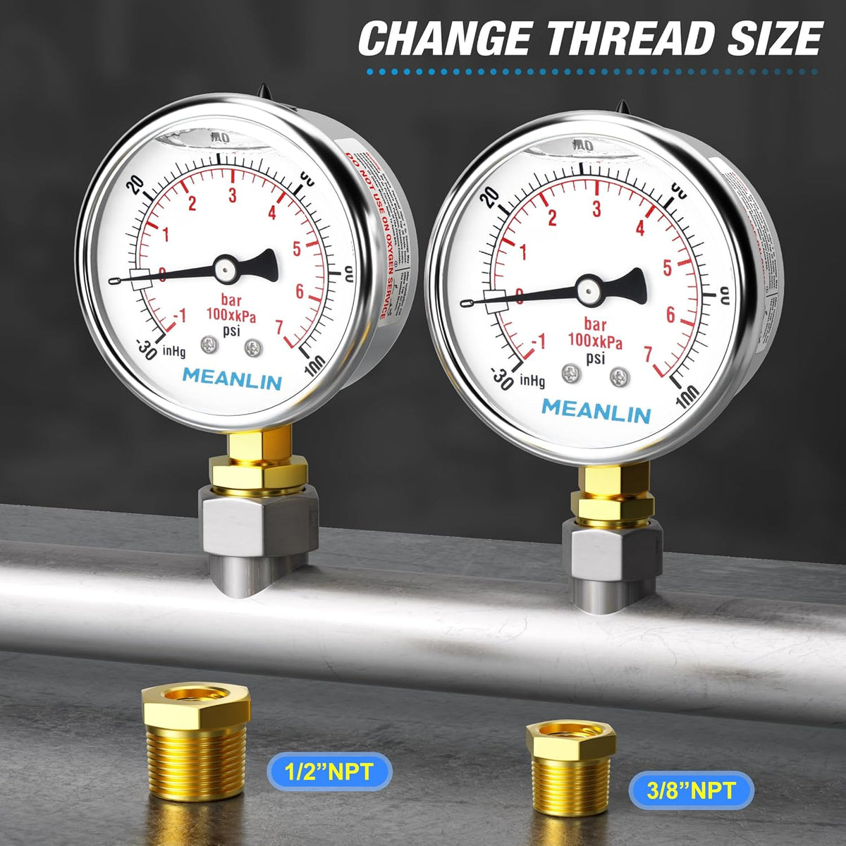 MEANLIN MEASURE -30inHG~100Psi Stainless Steel 1/4" NPT 2.5" FACE DIAL Vacuum Pressure Gauge, Lower Mount, with 1/4" x 1/2" NPT and 1/4" x 3/8" NPT Hex Bushing