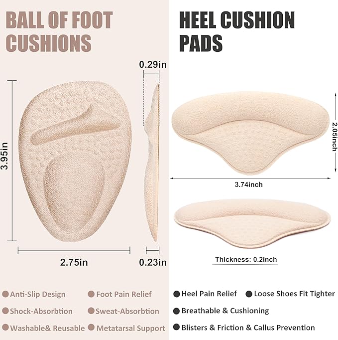 Ball of Foot Cushions, Metatarsal Pads, Heel Cushion, Grips Liners for Pain Relief, Blisters, Friction - Non-Slip Shoe Inserts for Loose Shoes, Shoe Fillers Make Shoes Fit Tighter