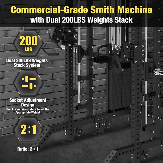 Commercial Cable Crossover Exercise Machine All in One Functional Trainer Cable Machine with 400LBS Weight Stacks Power Cage Squat Rack with Pulley System Compact Functional Trainer for Home Gyms