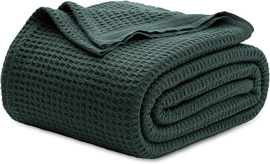 Bedsure 100% Cotton Blanket Queen Size for Bed - Breathable and Soft, Waffle Weave Blanket for Summer, Thick Cozy Fall Blankets for Women Gift, Dark Green, 90x90 Inches