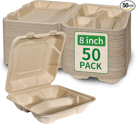 Aricsen Compostable 50 Pack 8x8 Inch 3 Compartment Takeout Lunch Box Containers with Lid, To Go Take Out Clamshell for Food, Disposable Eco-Friendly Biodegradable Bagasse, PFAS-Free, Unbleached Brown