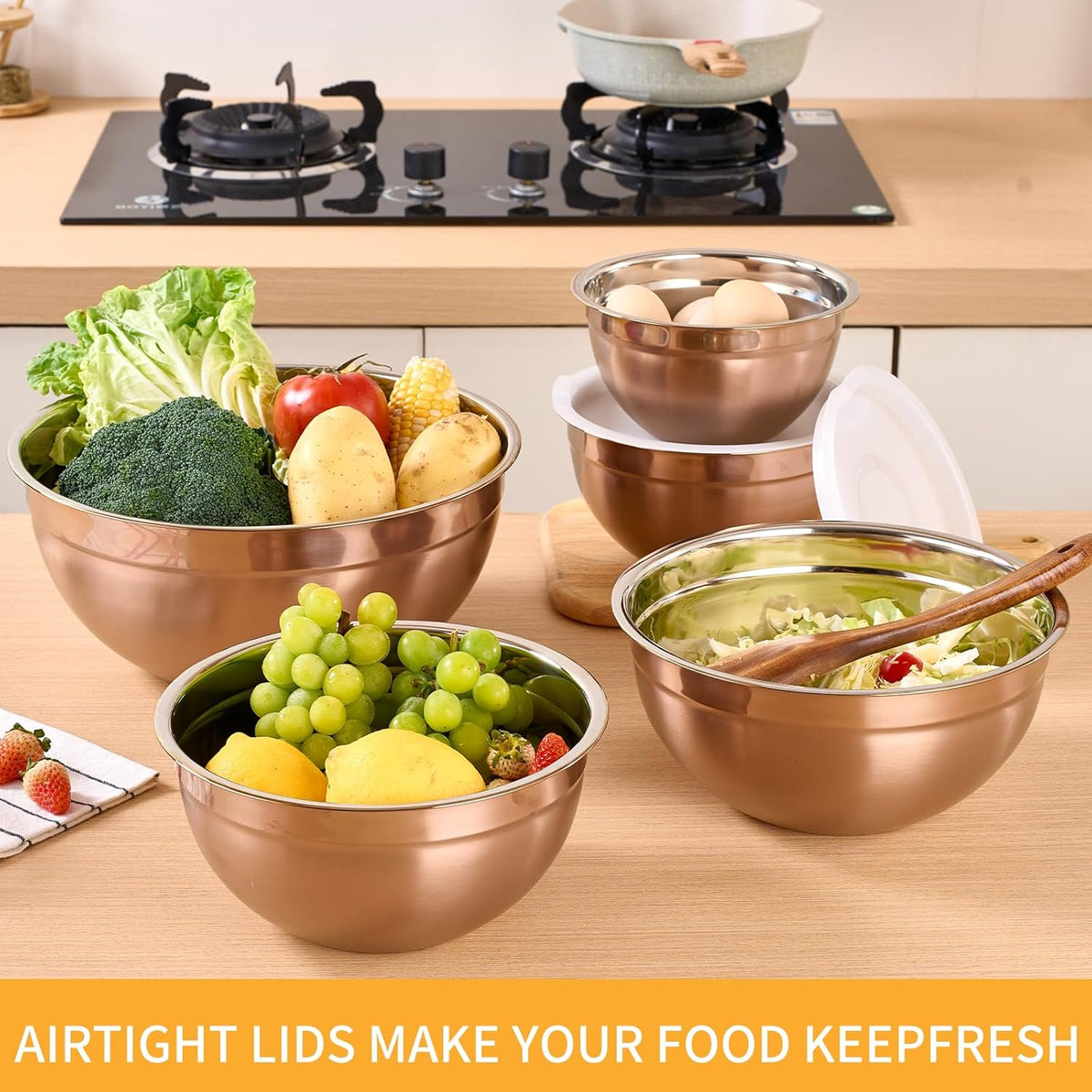 Rose Gold Mixing Bowls With Airtight Lids,Stainless Steel Bowl,Salad Bowls 5 Piece Colorful Nesting Bowl Rose Gold Kitchen Accessories,Size 5.5,3.6,2.7,2.1,1.5QT Stackable Design