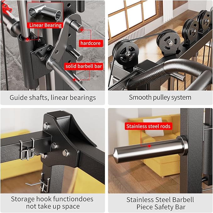 Smith Machine Power Rack Multifunctional Power Cage Deep Squat Rack Cable Crossover System Selectable More Training Attachment for Garage & Home Gym