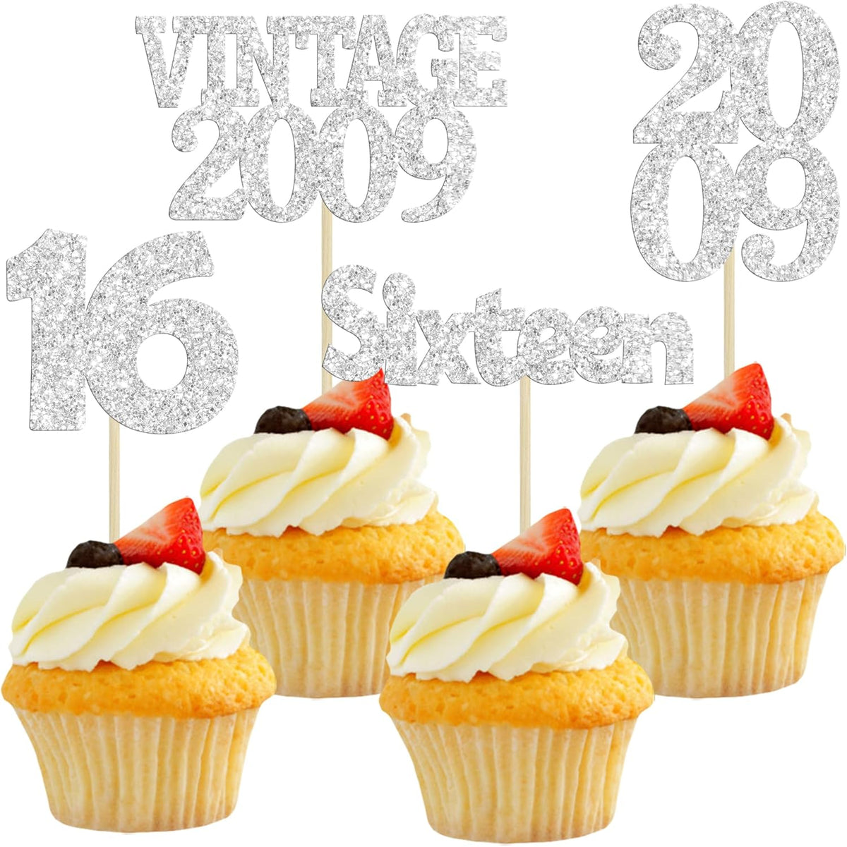 Gyufise 24Pcs 16th Birthday Cupcake Toppers Glitter Sixteen Vintage 2009 Hello 16 Years Birthday Cupcake Picks Sweet 16 Cake Decorations for Happy 16th Birthday Anniversary Party Supplies Silver