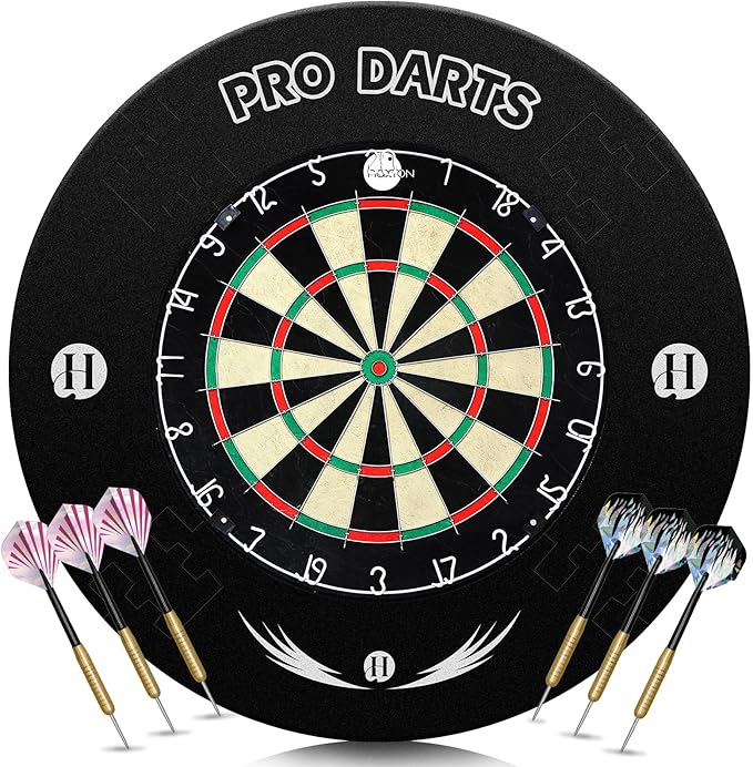 Bristle Dart Board Set, Professional Dart Board 18" with 6pcs 18g Darts Outdoor Dartboard Set, Compressed Sisal Metal Wire Board with Rotating Number Ring