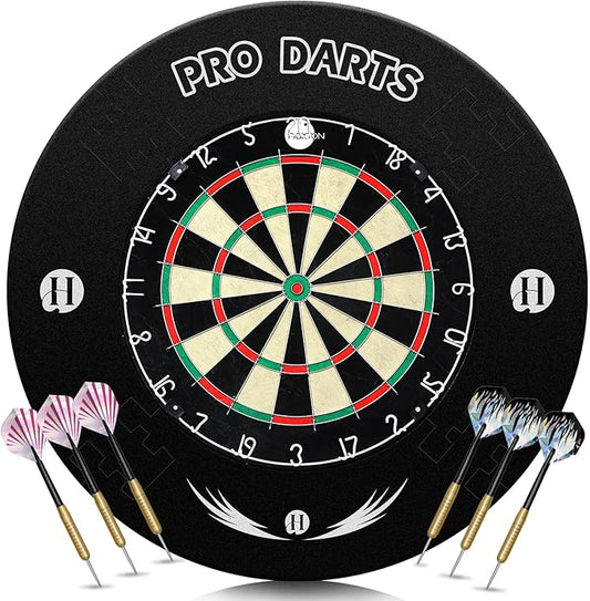 Bristle Dart Board Set, Professional Dart Board 18" with 6pcs 18g Darts Outdoor Dartboard Set, Compressed Sisal Metal Wire Board with Rotating Number Ring
