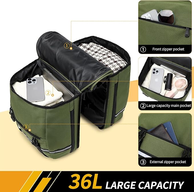 Bike Bag Accessories Panniers for Bicycle Rear Rack Bag 36L Waterproof Mountain Electric Bike Saddle Bag for Cycling Traveling Commuting Green