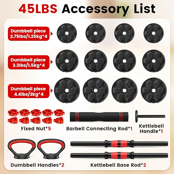 Adjustable Dumbbell Set, 20/33/45/70/90lbs Free Weight Set with Connector, 4 in1 Dumbbells Set Used as Barbell, Kettlebells, Push up Stand, Weight Set for Home Gym Suitable Men/Women