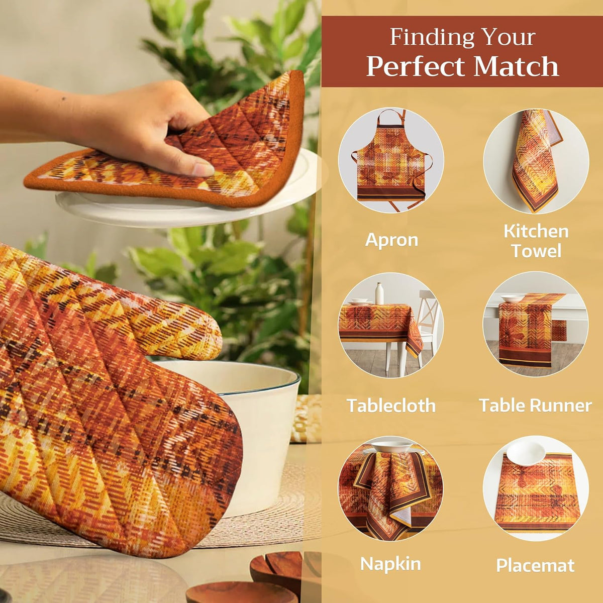 Maison d' Hermine 100% Cotton Oven Mitt & Pot Holder Set (7.5"x13" & 8"x8") Heat Resistant BBQ Cooking Gloves with Loop, Baking, Grilling, Kitchen, Handling Hot Pans (Thanksgiving Tartan)