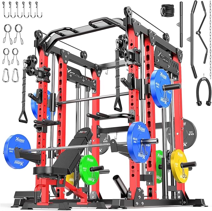Smith Machine with Cable Crossover System, Multi-Function Power Cage Squat Rack for Home Gym, Power Rack and Packages Weight Sets.