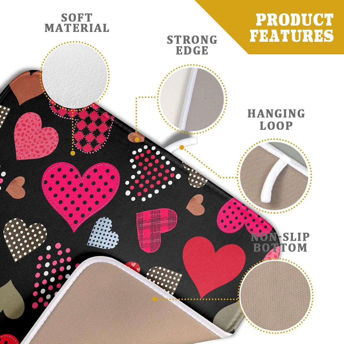 Happy Valentine's Day Black Dish Drying Mat for Kitchen Counter,Pink Love Heart Drying Mat 16 x 18 Inch with High Absorbent Microfiber Drainer Mat for Coffee Bar