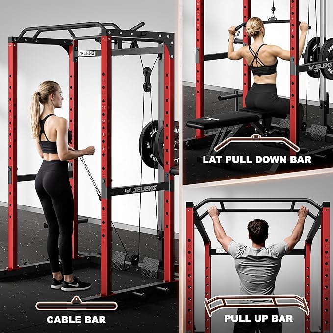 S21 Power Cage, Multi-Function Power Rack with Adjustable Cable Crossover System, 2000LBS Squat Rack for Home Gym with More Training Attachments