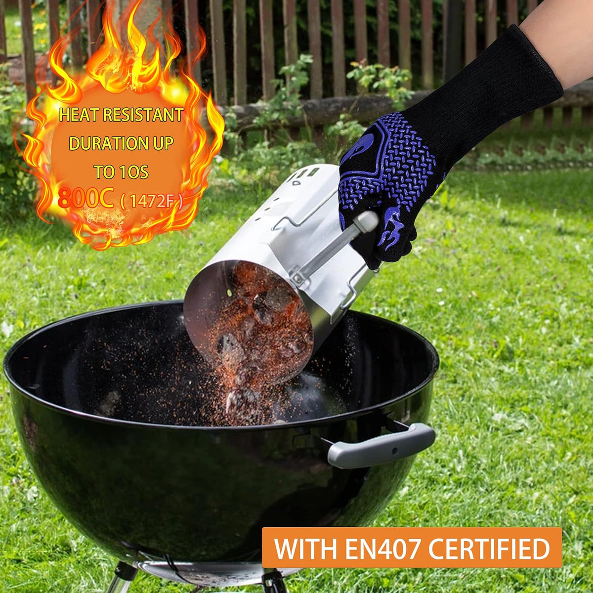 BBQ Fireproof Gloves, Grill Cut-Resistant Gloves 1472°F Heat Resistant Gloves, Non-Slip Silicone Oven Gloves, Kitchen Safe Cooking Gloves for Oven Mitts,Barbecue,Cooking, Frying,13.5 Inch-Blue