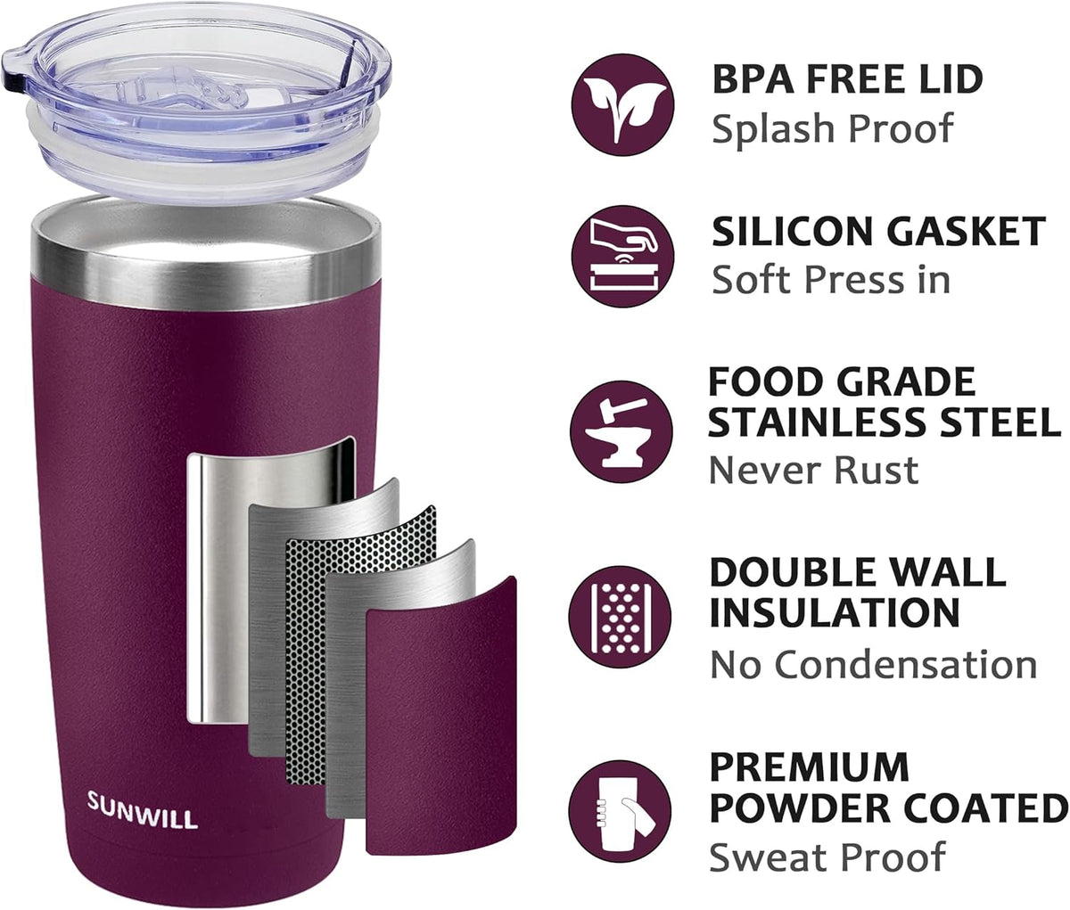 SUNWILL Travel Coffee Tumbler 20 oz, Insulated Mug with Lid, Stainless Steel Cup for Hot and Cold Drinks, Powder Coated Plum
