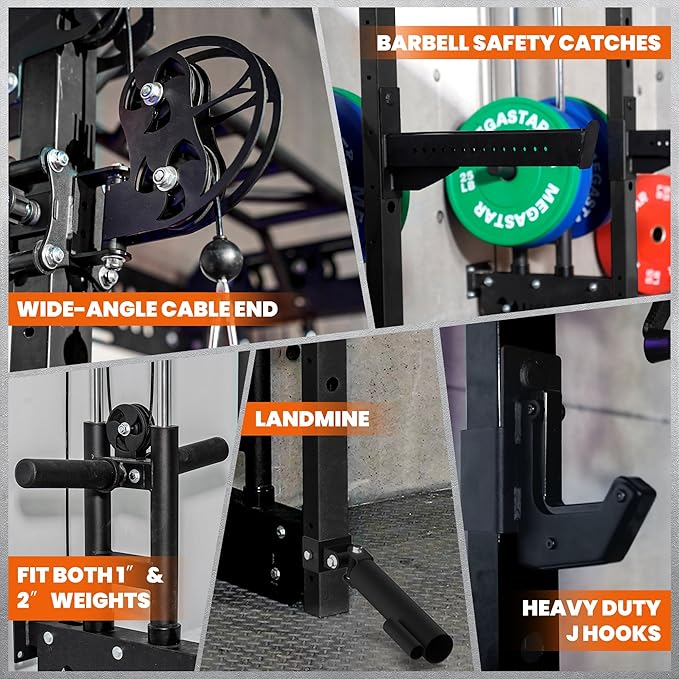 Wall Mounted Power Rack – 1600LB Capacity Compact Commercial Home Gym with Dual Cable Crossover, LAT Pulldown, Multi-Grip Pull-Up Bar & Landmine Attachment for Small Spaces, P67 Striker Red