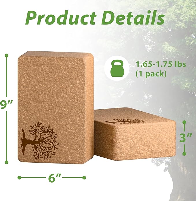 Cork Yoga Blocks 2 Pack Set, Natural Cork Soft Non-Slip Yoga Blocks, High Density & Eco Friendly Yoga Accessories for Women| Men, Ideal for Yoga, Pilates, Stretching and Toning