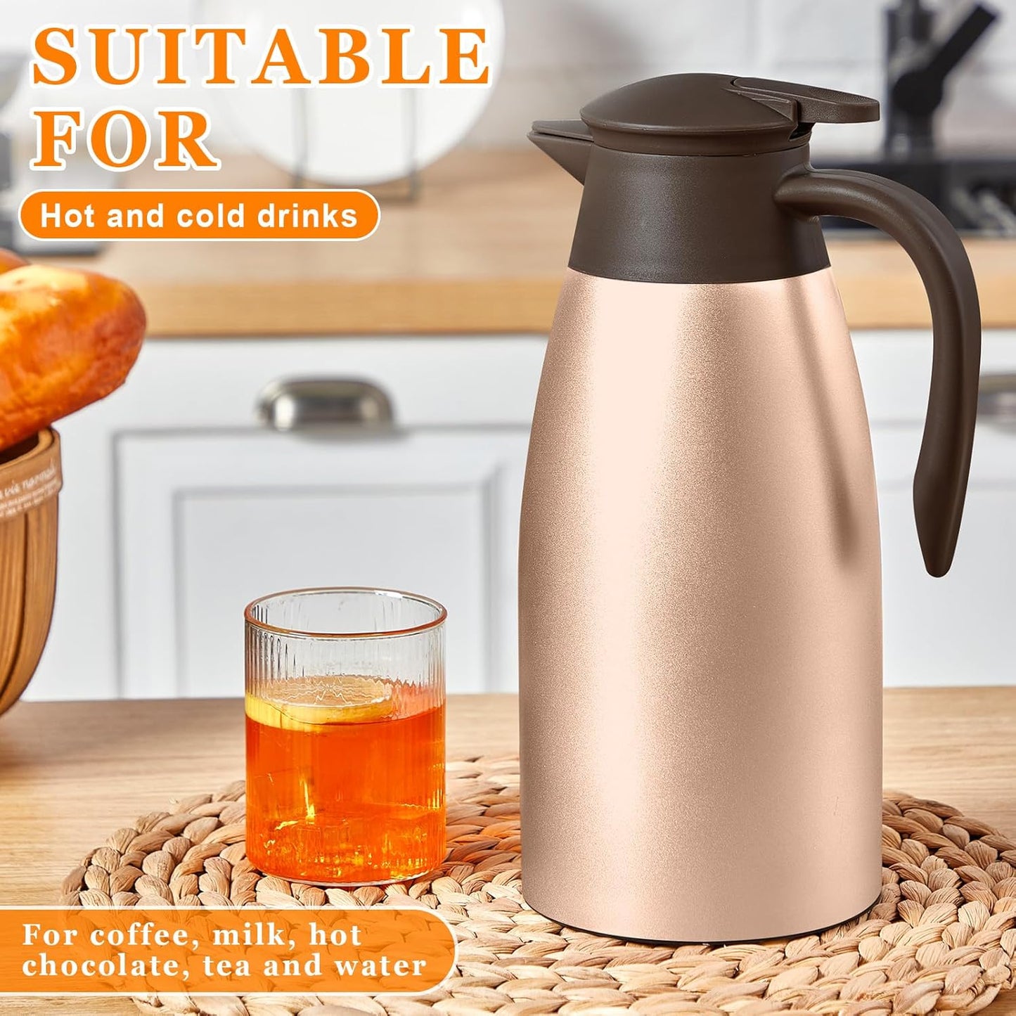Norme 2 Pcs Thermal Coffee Carafe Insulated Stainless Steel Coffee Carafe for Hot Liquid Vacuum Thermal Pot Creamer Pitcher Dispenser with Brushes Keeping Hot Water Milk(Rose Gold)