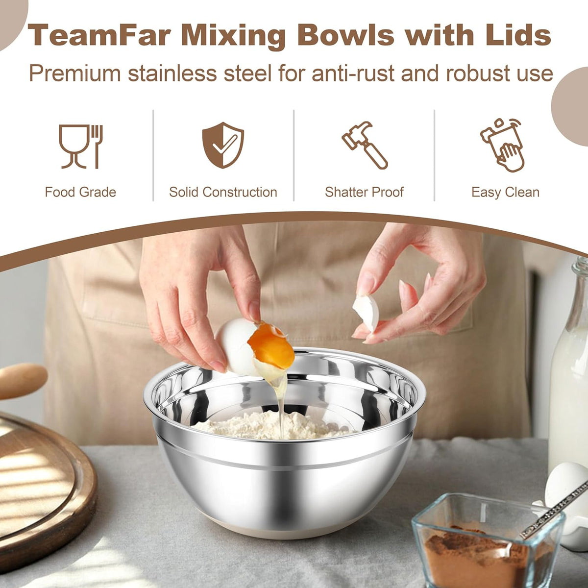 TeamFar Khaki Mixing Bowls, 6-Piece Stainless Steel Nesting Salad Bowls with Lid Set for Prepping Baking, Non-Toxic & Stackable, Air-Tight Lid & Non Slip Bottom, 4.6/2.6/2/1.5/1 / 0.7 QT