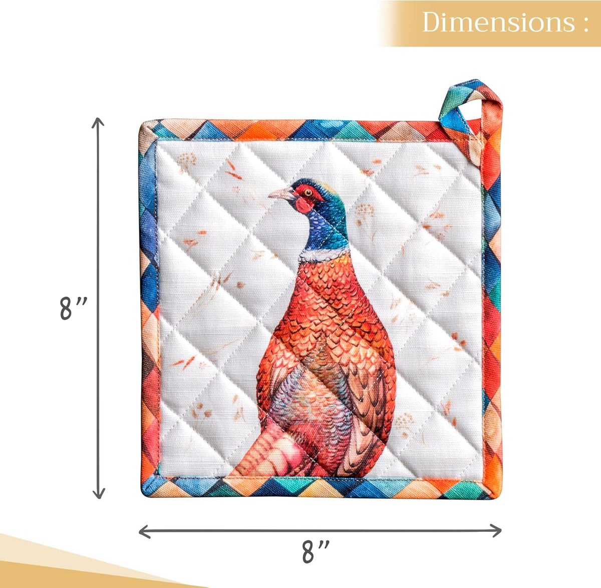 Maison d' Hermine Pot Holders 100% Cotton Heat Resistant Potholders 8" x 8" Hot Pads with Loop BBQ, Cooking, Baking, Grilling, Kitchen, Handling Hot Pans (Pack of 1, Faisan D'Automne)