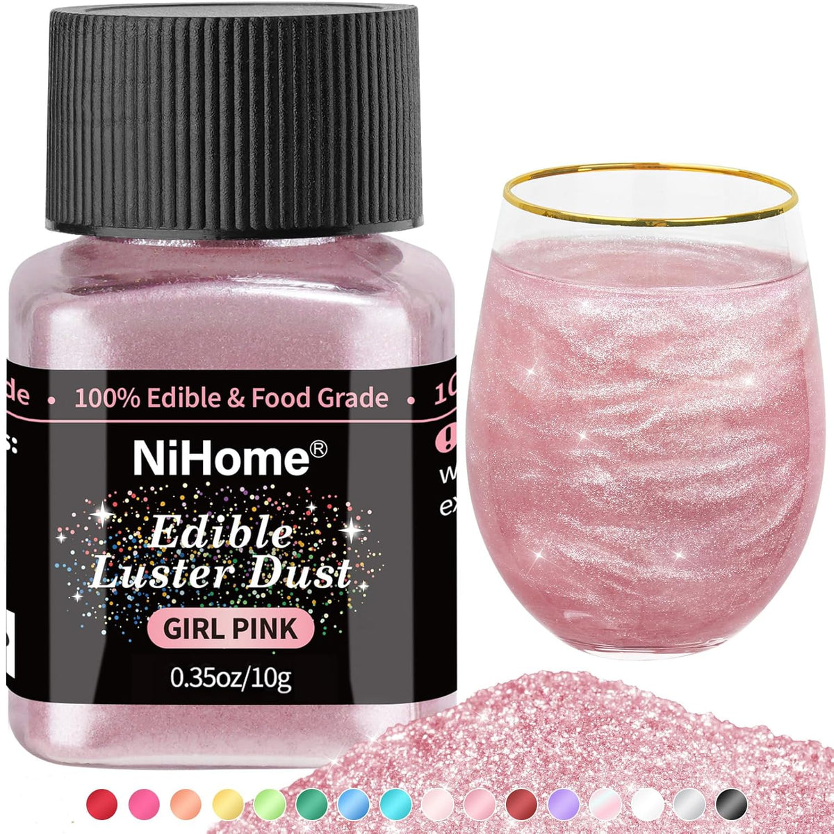 NiHome Edible Food-Grade Glitter Powder Glimmer Luster Dust Metallic Fancy Food Decorating Sprinkle Glimmery Dust for Drink Wine Beverage Cake Bakery Vegan Allergen-Free (Girl Pink, 0.35oz/10g)