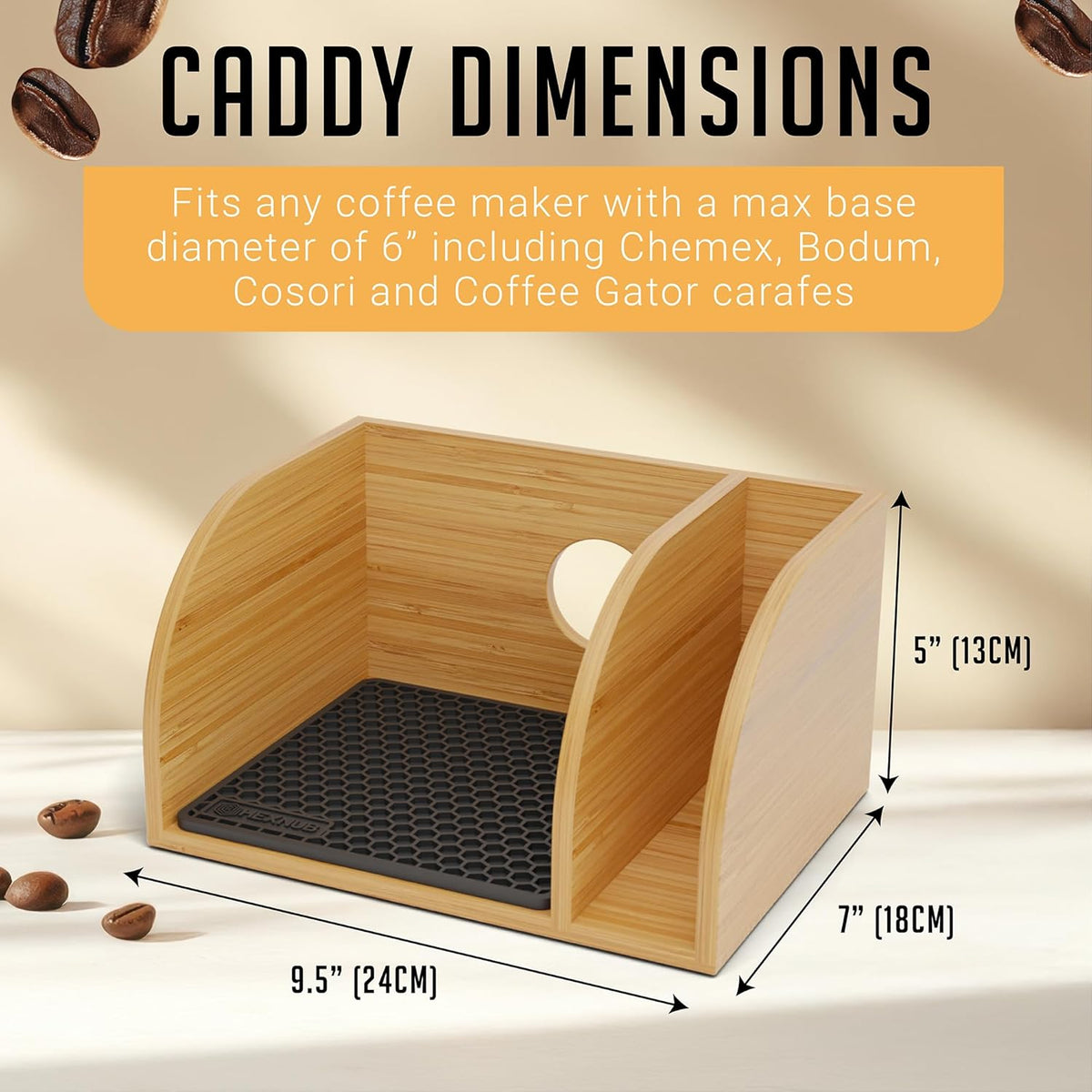 HEXNUB – Caddy for Pour Over Coffee Makers, Bamboo Stand fits Chemex, Bodum, Cosori Carafes, Heatproof Mat, Filter Holder for Coffee Brewing - Black Mat