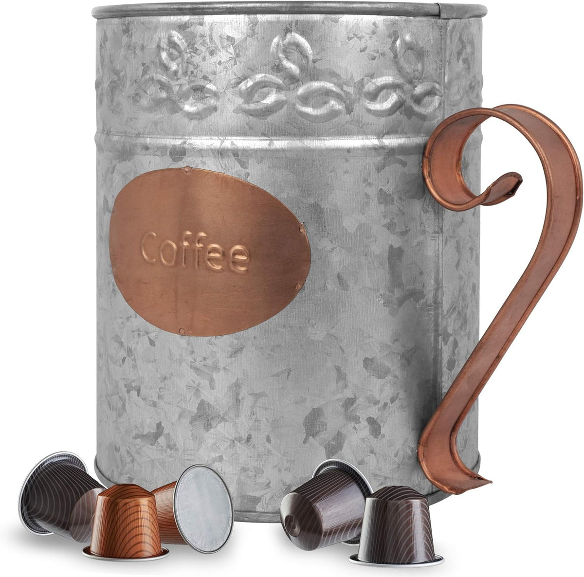 Autumn Alley Farmhouse Coffee Pod Holder Organizer – Galvanized Dual Toned Rustic Farmhouse Décor Basket for Counter – Vintage Copper Label & Handle – Industrial Chic Country Décor Accessories