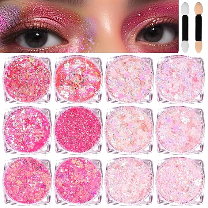 Body Glitter Face Glitter, Hair Glitter for Kids, 12 Shapes Fine Chunky Glitter Gel for Women Girls Makeup Sparkles Party Mermaid Sequins Rave Accessories Singer Concerts Festival (Pink Scheme)