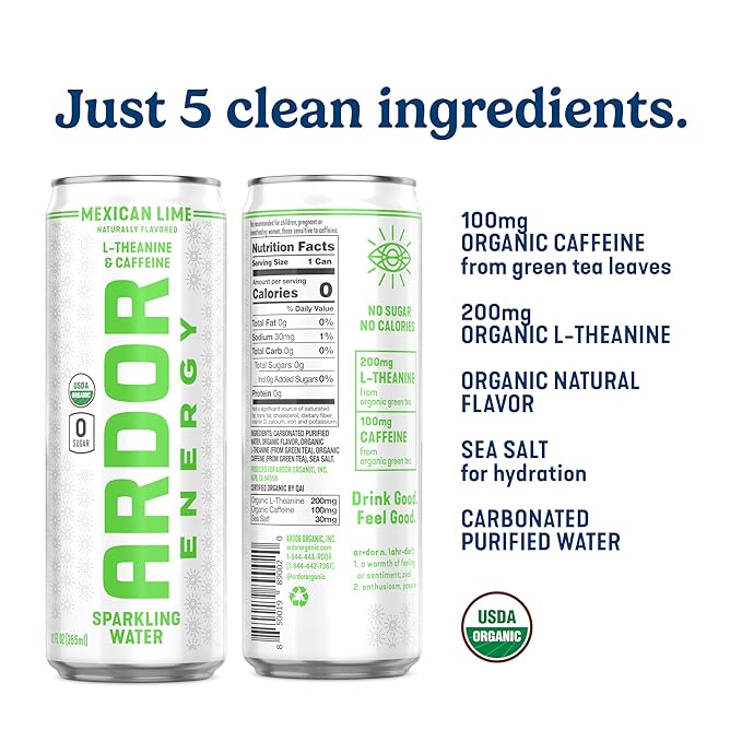 ARDOR Sparkling Water with 100mg Natural Caffeine & 200mg L-Theanine from Organic Green Tea for Smooth Energy & Focus | No Sugar, 0 Calories | Vegan, Gluten-Free | Mexican Lime - 12 Ct