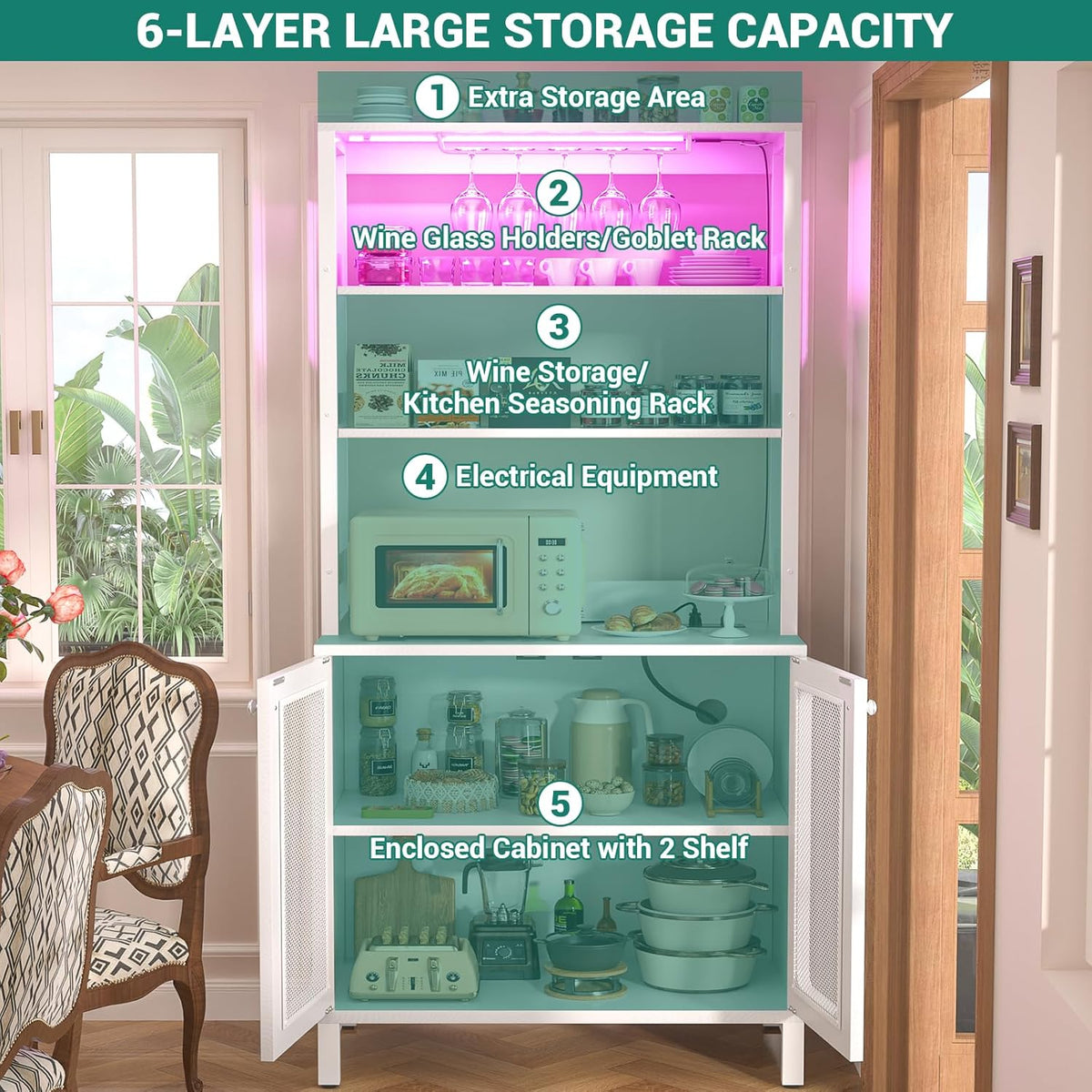 Aheaplus Bar Cabinet with Power Outlets, 67" Tall Wine Bar Cabinet Liquor Cabinet with LED Lights and Glass Holder, Coffee Bar Station for Living Room, Microwave Stand Bakers Rack Cabinet, White