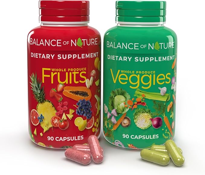 Balance of Nature Fruits and Veggies Supplements - Whole Fruit and Vegetable Ingredients for Women, Men, and Kids - 90 Fruit Capsules, 90 Veggie Capsules - 1 Set