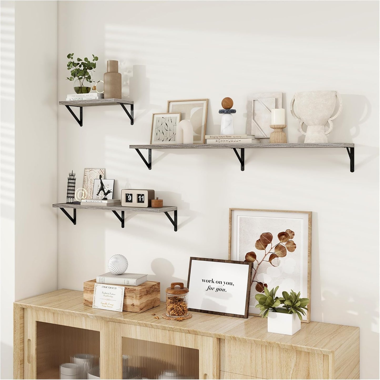 Dreamland Deep Floating Shelves for Wall, 48W x 8D Wall Mounted Shelves Set of 2, Wide Display Ledge Shelf with Sturdy Metal Brackets for Living Room, Bathroom, Bedroom and Kitchen, Grey