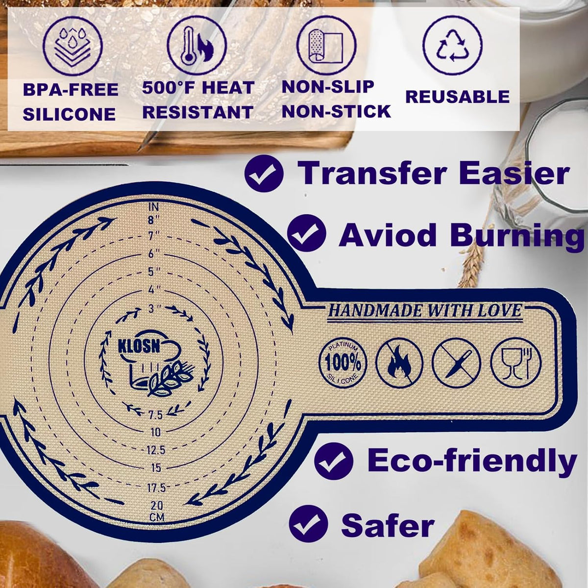 Large Silicone Bread Sling for Dutch Oven, 2 Pack (10" Round) – Non-Stick & 500°F Heat Resistant Sourdough Mat, Easy to Clean, Reusable Food-Grade Sourdough Sling – Fits 7 qt and up Dutch Ovens