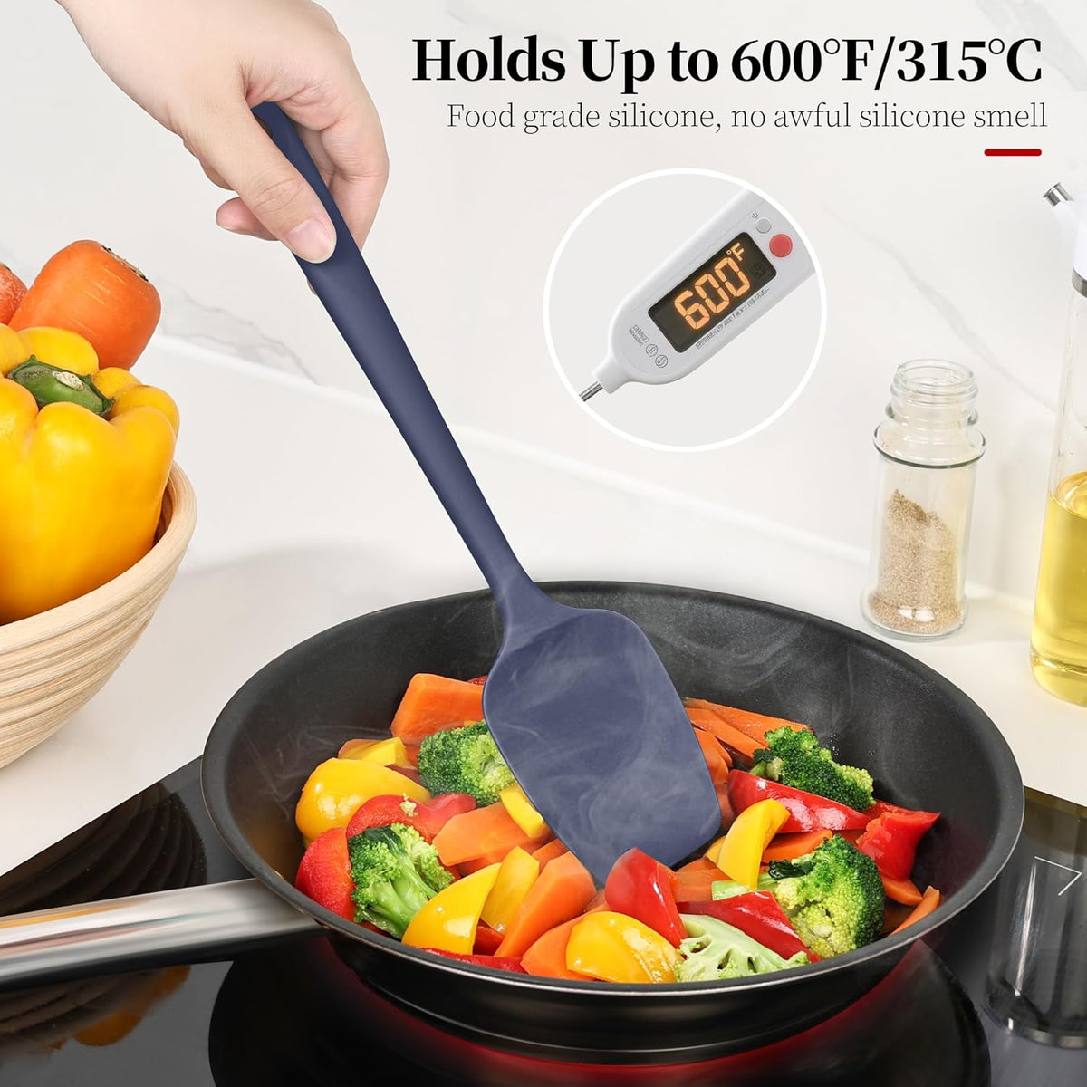 600ºF Heat Resistant Spatulas, High Heat Food Safe Semless Kitchen Silicone Spoon Spoonula Scraper Set for Cooking Baking Mixing Scraping Stirring Nonstick Cookware Pan (3Pcs,Midniaht Blue)