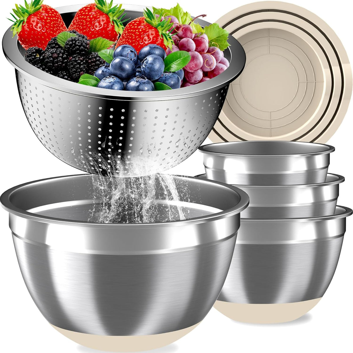 Mixing Bowls with Airtight Lids Set, 4 Stainless Steel Bowls Nesting Bowls & Colander, Kitchen Organizers and Storage Non-Slip Bottom, Size 1.5/2.0/2.5/4.5QT, Great for Mixing & Serving, Khaki
