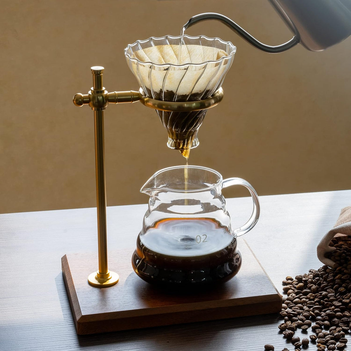 L'ÉPICÉA Pour Over Coffee Maker Set, Pour Over Coffee Maker with Stand, Adjustable Stainless Steel Stand, Wooden Base, Paper Filters, Cone Glass Coffee Carafe, Pour Over Coffee Dripper