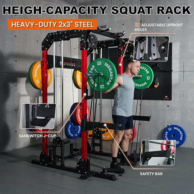 Power Rack for Home Gym – 2000LB Capacity Multifunction Squat Rack with Cable Crossover, Includes 16 Professional attachments for Home Gym Strength Training, P63 Rampage