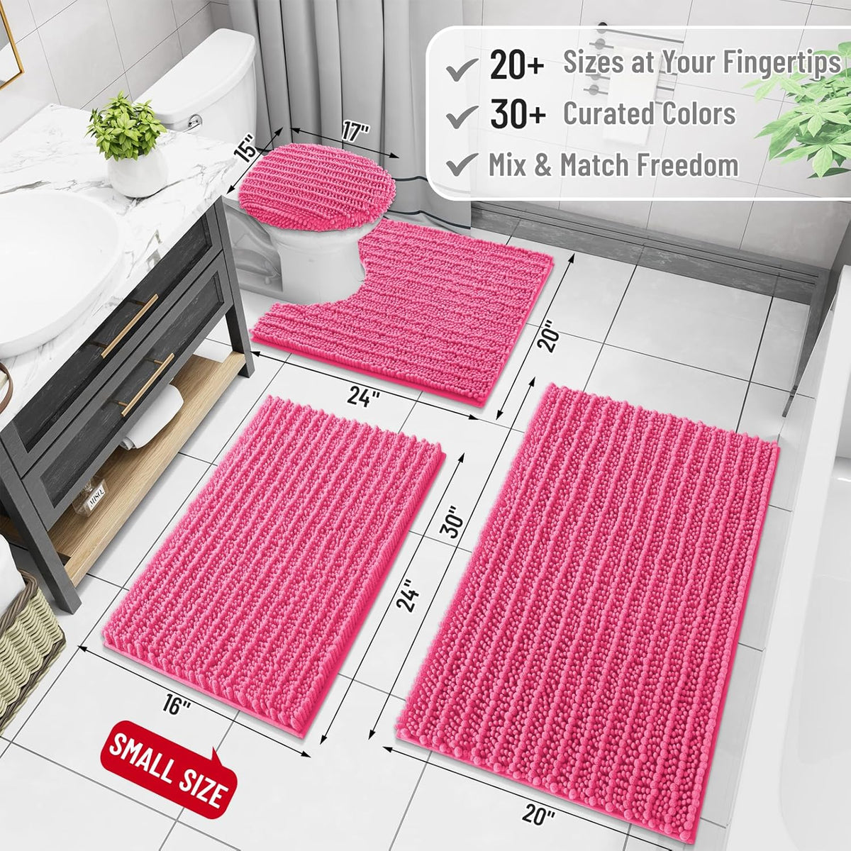 Arotive Luxury Chenille Bathroom Rug Mat, Extra Soft Thick Absorbent Shaggy Bath Rugs, Non-Slip Machine Wash Dry, Plush Bath Mats for Bathroom, Shower and Tub, 47x24, Deep Pink