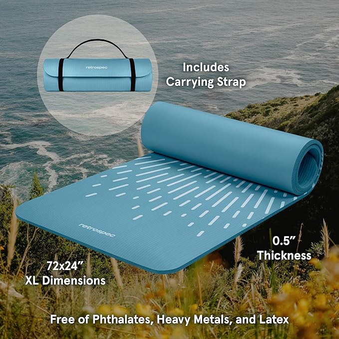 Retrospec Solana Yoga Mat 1/2" Thick w/Nylon Strap for Men & Women - Non Slip Exercise Mat for Yoga, Pilates, Stretching, Floor & Fitness Workouts