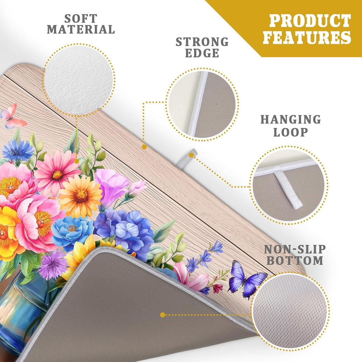 Spring Flowers Dish Drying Mat for Kitchen Counter 18x24in Vintage Plants Colorful Floral Kitchen Drying Mat Soft Absorbent Microfiber Farmhouse Flowers Dish Drainer Rack Mats for Kitchen Countertops