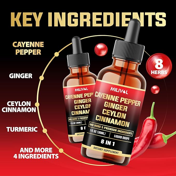 8in1 Cayenne Pepper Liquid Drops with Ginger, Ceylon Cinnamon, Turmeric Curcumin, Berberine - Digestion, Circulatory Heath Support - 2 Packs of 30ml