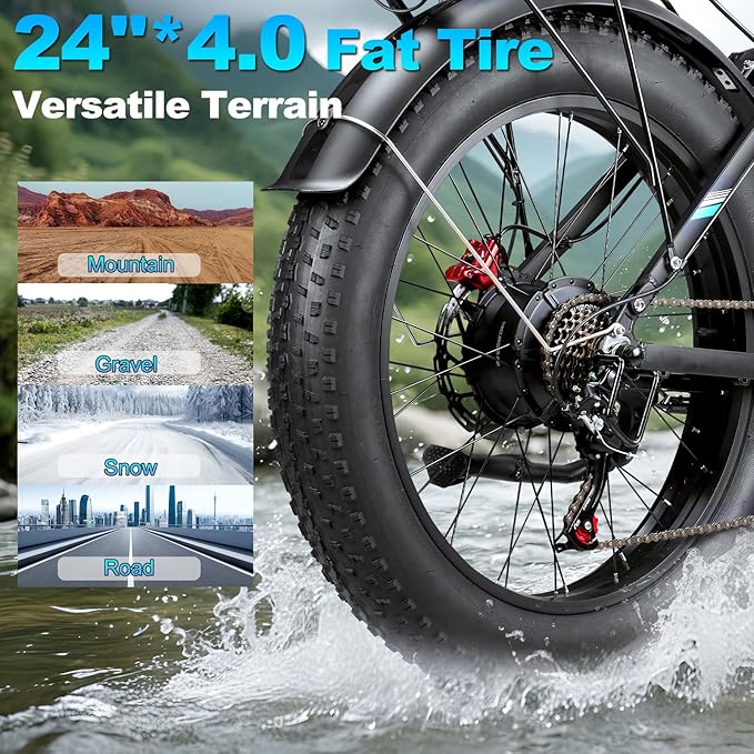 6000W Peak Electric Bike for Adults,58V Max-Output 1856Wh Dual Motor Ebike,47MPH 105Miles Range,24" x4.0 Fat Tire Hydraulic Disc Brake Front Fork Suspension E-Bike for Off-Road Mountain Snow Commuter