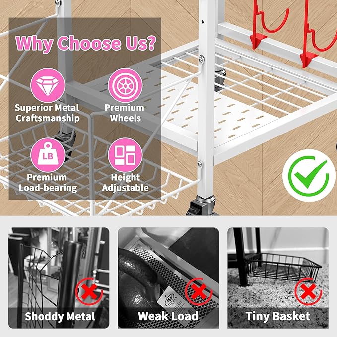 3-Tier Home Gym Storage Rack, Adjustable Yoga Mat Storage Rack, 250LBS Metal Workout Equipment Storage Cart with Large Basket & Lockable Wheels for Mats, Bands, Foam Rollers, Yoga Block