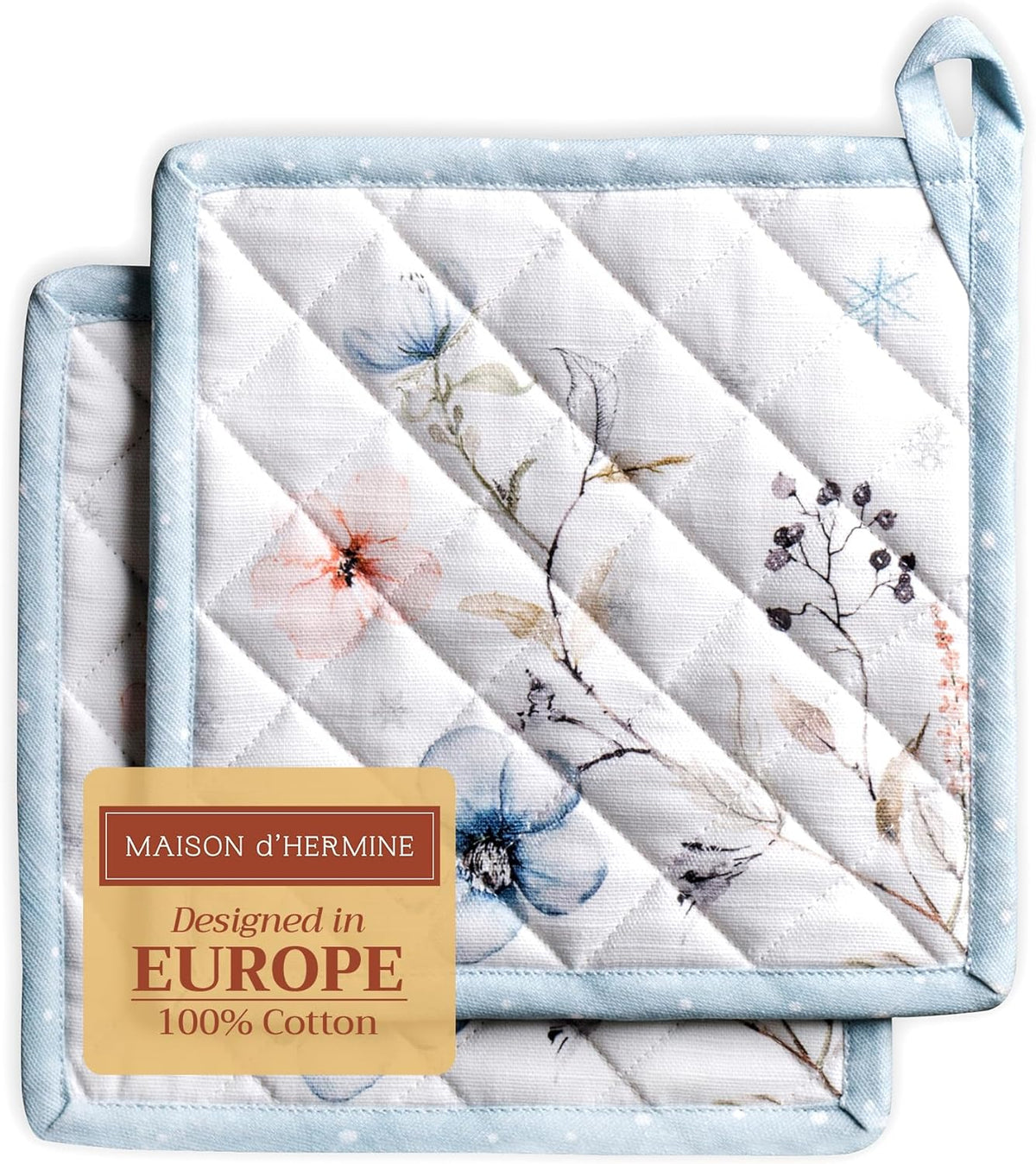 Maison d' Hermine Pot Holders Set 100% Cotton Heat Resistant Potholders 8" x 8" Hot Pads with Loop BBQ, Cooking, Baking, Grilling, Kitchen, Handling Hot Pans (Pack of 2, Ice Florals)