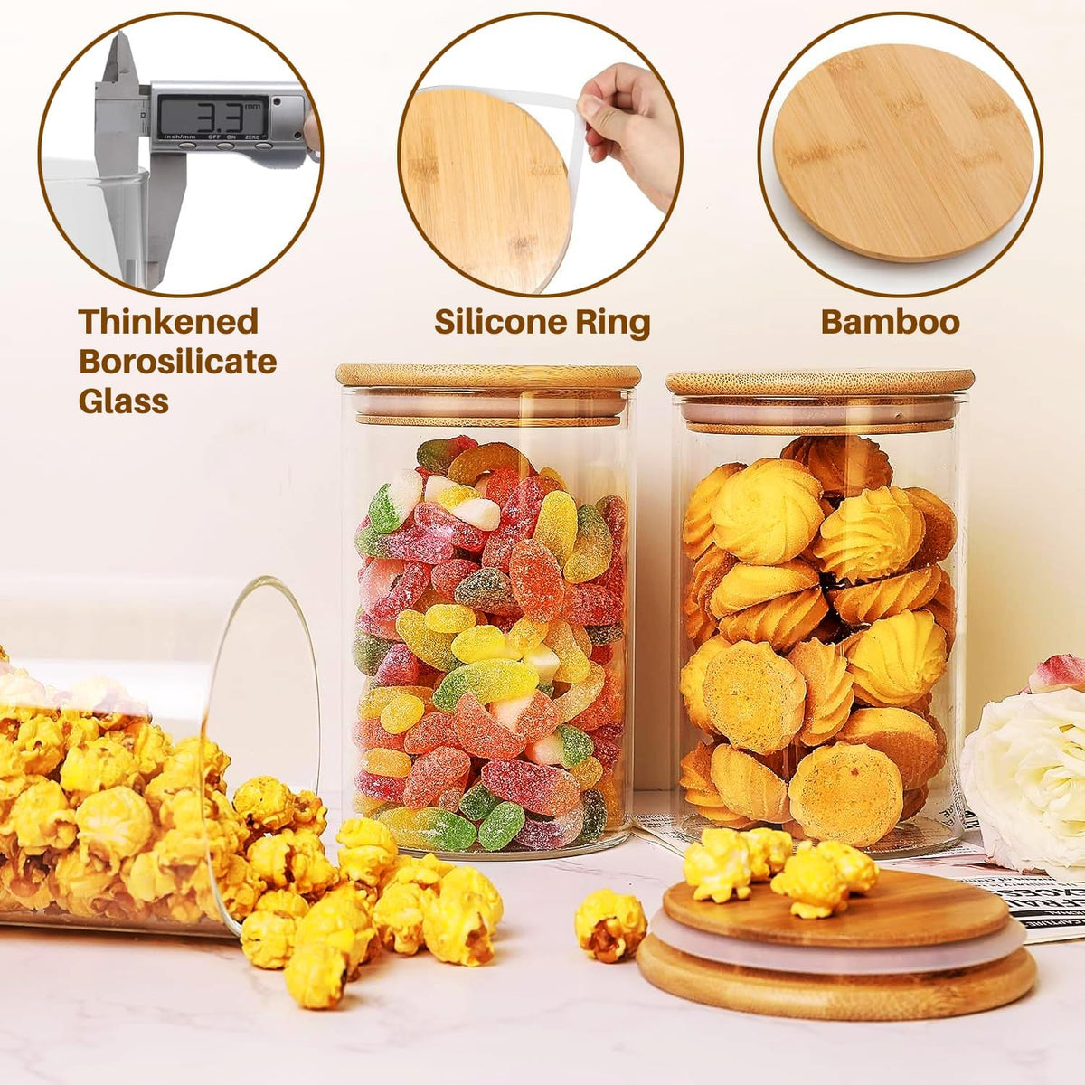 33 oz Glass Food Storage Jars with Airtight Lids, Clear Glass Jar with Bamboo Lid, Airtight Food Canister for Tea, Candy, Coffee, Sugar, Cookie, Snack. (Round | 5+6 Inch) SET of 3