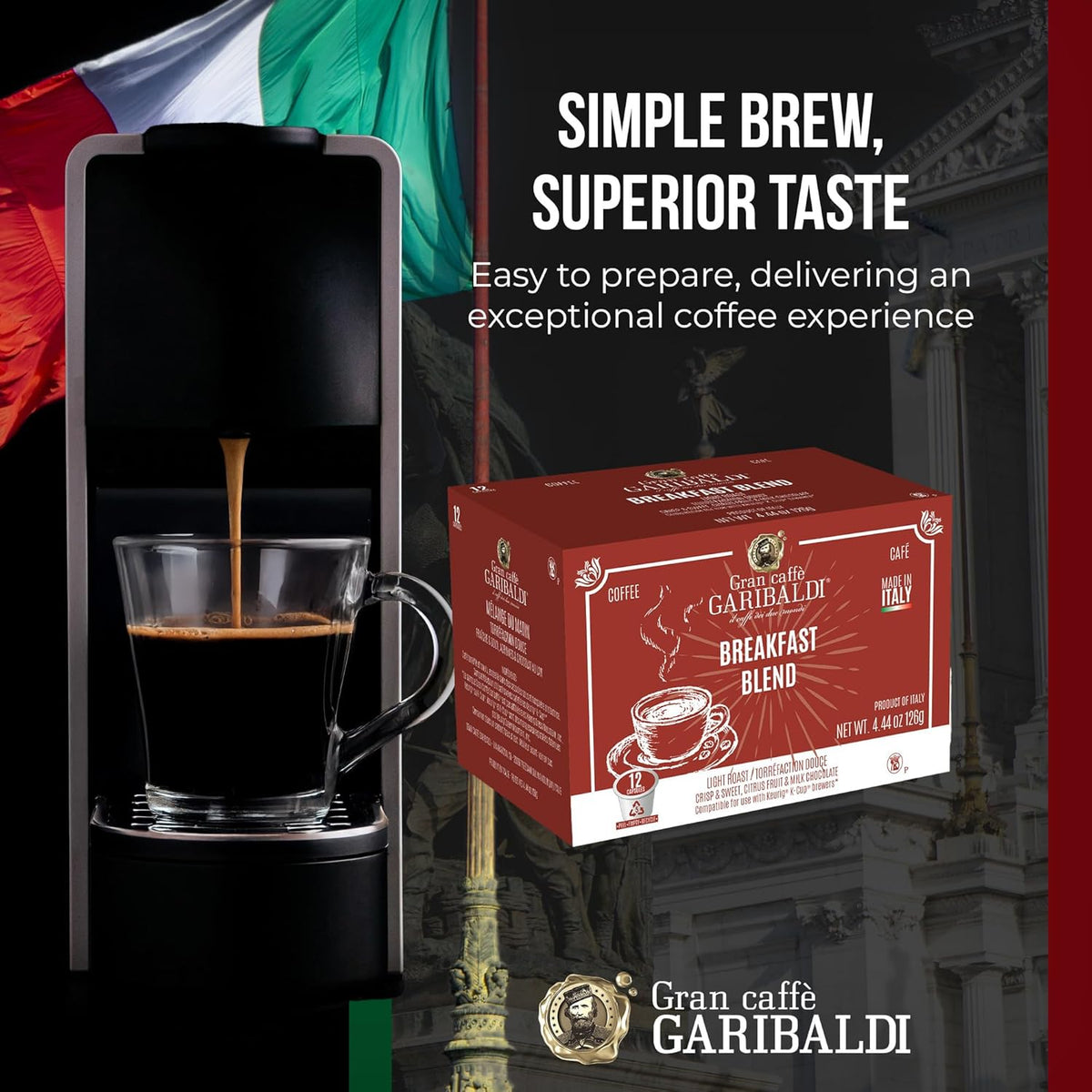 Caffè Garibaldi Colombian Decaf Coffee Pods, Single-Serve Capsules for Keurig K-Cup Brewers, Single Serve Cups with 100% Arabica Blend for Coffee Makers, 72 Count Recyclable Pods - Medium Roast