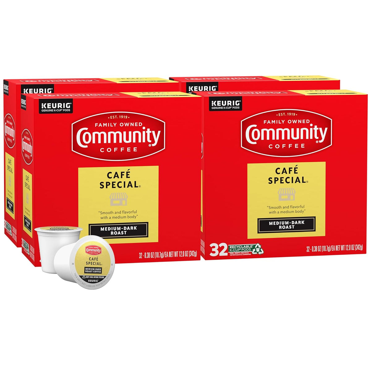 Community Coffee Café Special, Medium-Dark Roast, Single-Serve Keurig K-Cup Pods, 32 Count (Pack of 4)