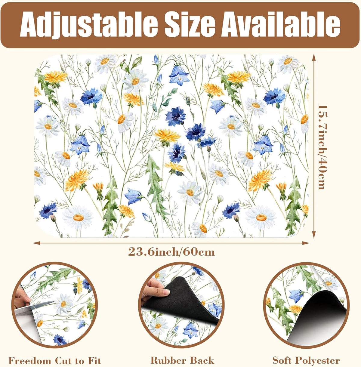 Watercolor Wildflower Dish Drying Mat for Kitchen Counter Coffee Mat Hide Stain Absorbent Rubber Backed Drying Rack Pad Espresso Machine Coffee Bar Accessories 15.7 x 23.6 Inch