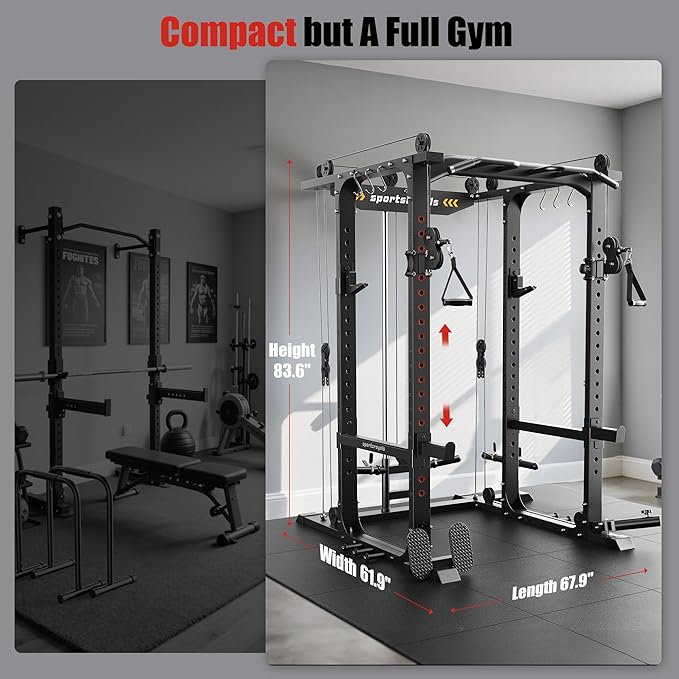 Sportsroyals Power Cage,1600lbs Multi-Function Power Rack with Adjustable Cable Crossover System and More Training Attachment, Weight Cage for Home Gym